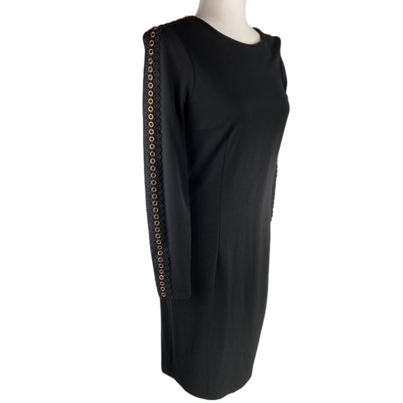 Nina Leonard Black Sheath Dress Size Small Gold Embellished Detail Long Sleeves - Picture 3 of 11